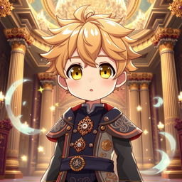 A cute anime boy with vibrant yellow eyes and soft wheat-colored hair, standing confidently in a lavish palace
