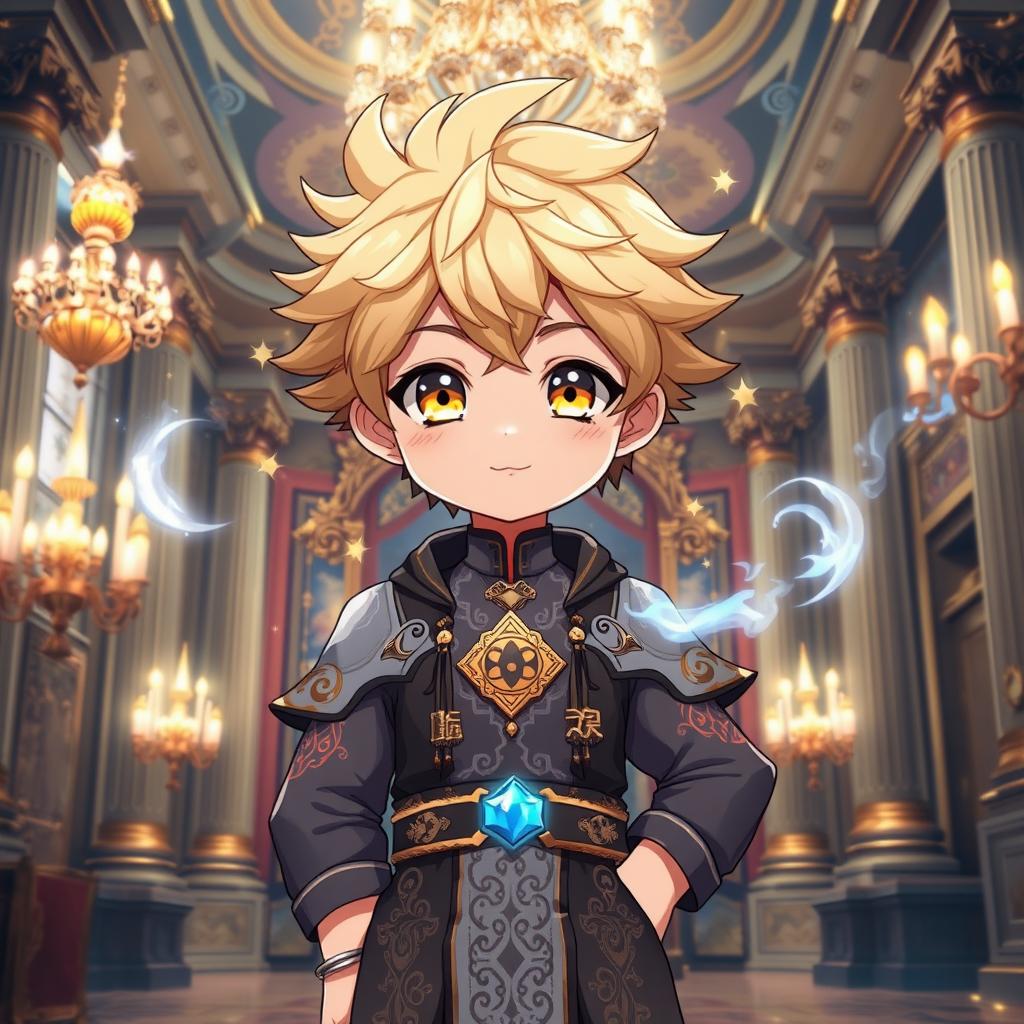 A cute anime boy with vibrant yellow eyes and soft wheat-colored hair, standing confidently in a lavish palace