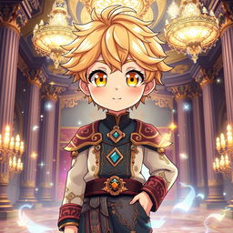 A cute anime boy with vibrant yellow eyes and soft wheat-colored hair, standing confidently in a lavish palace