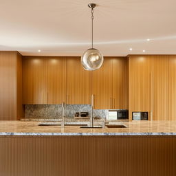 Modern kitchen with polished granite countertops, stainless steel appliances, and sleek wooden cabinets, illuminated by warm pendant lighting.