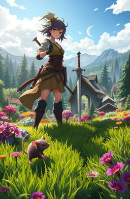 In a vibrant fantasy world, two characters are reincarnated: one as a small, clever mouse with sharp instincts and dexterity, and the other as a strong, skilled woman with exceptional combat abilities