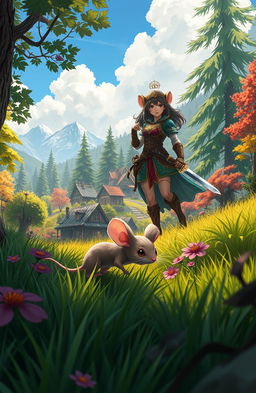 In a vibrant fantasy world, two characters are reincarnated: one as a small, clever mouse with sharp instincts and dexterity, and the other as a strong, skilled woman with exceptional combat abilities