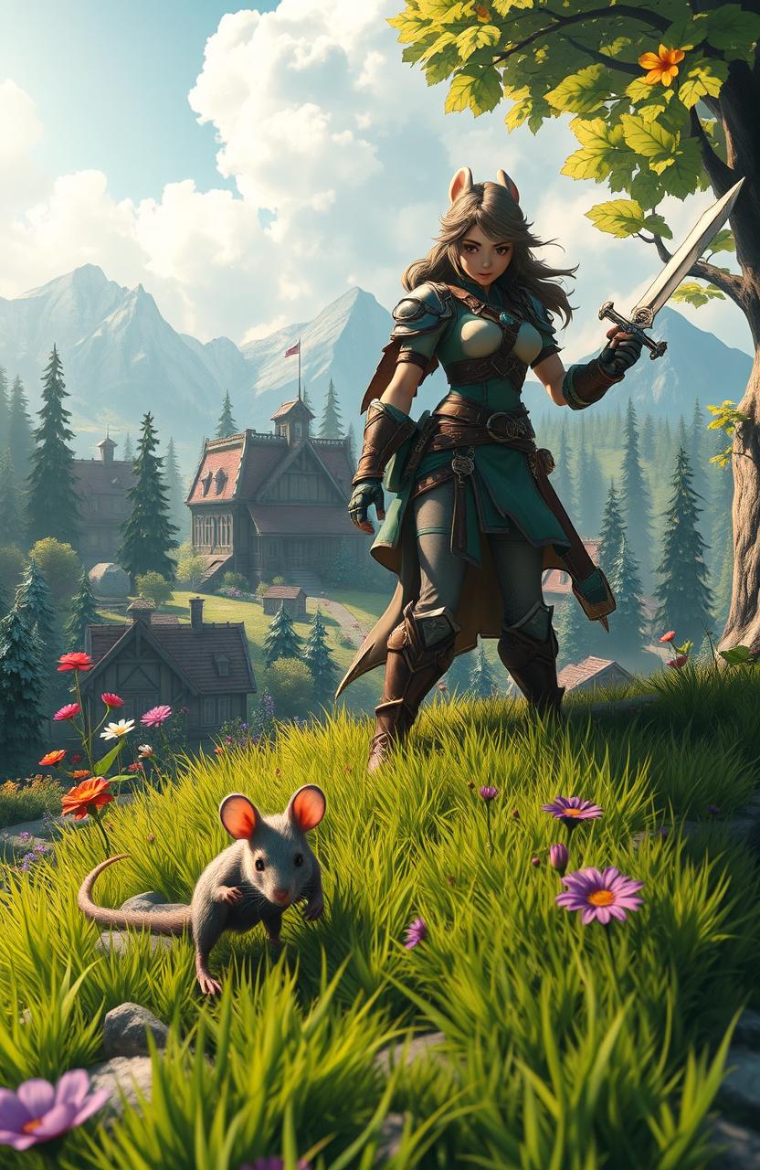 In a vibrant fantasy world, two characters are reincarnated: one as a small, clever mouse with sharp instincts and dexterity, and the other as a strong, skilled woman with exceptional combat abilities