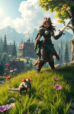 In a vibrant fantasy world, two characters are reincarnated: one as a small, clever mouse with sharp instincts and dexterity, and the other as a strong, skilled woman with exceptional combat abilities
