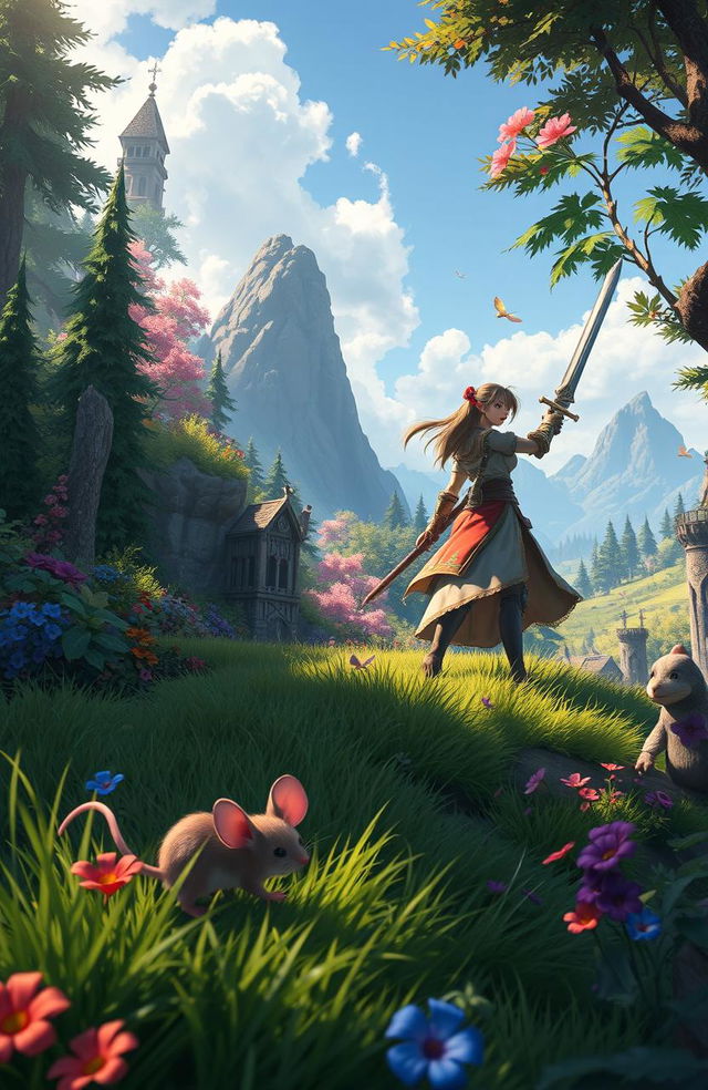 In a vibrant fantasy world, two characters are reincarnated: one as a small, clever mouse with sharp instincts and dexterity, and the other as a strong, skilled woman with exceptional combat abilities