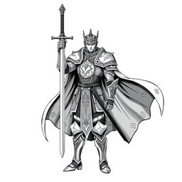 A hand-drawn, majestic human Paladin character in an anime style, illustrated in a striking greyscale color palette, specifically designed for thermal printing