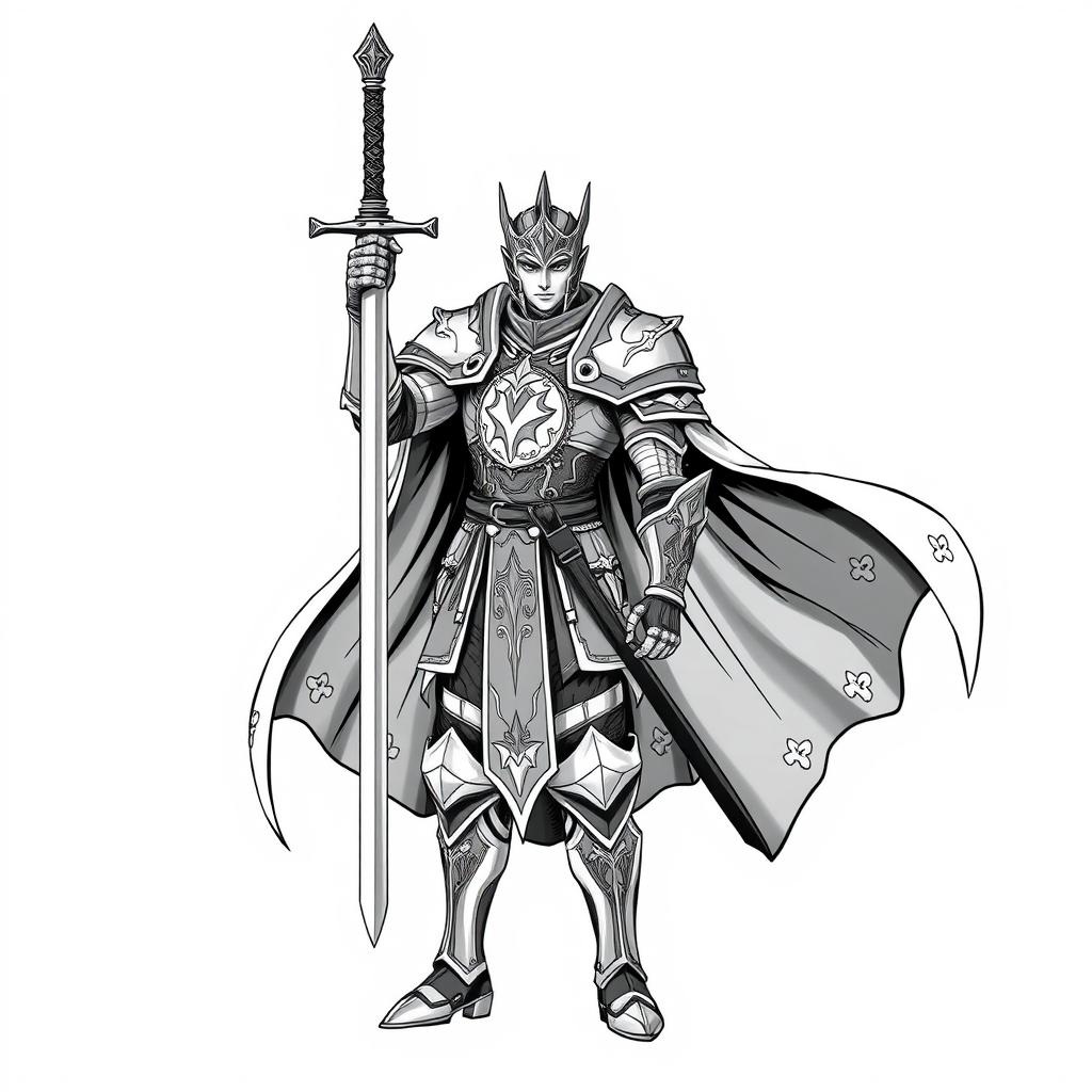 A hand-drawn, majestic human Paladin character in an anime style, illustrated in a striking greyscale color palette, specifically designed for thermal printing