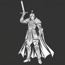 A hand-drawn, majestic human Paladin character in an anime style, illustrated in a striking greyscale color palette, specifically designed for thermal printing