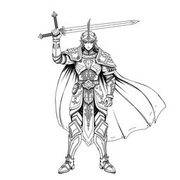 A hand-drawn, majestic human Paladin character in an anime style, illustrated in a striking greyscale color palette, specifically designed for thermal printing