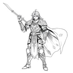 A hand-drawn, majestic human Paladin character in an anime style, illustrated in a striking greyscale color palette, specifically designed for thermal printing