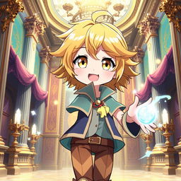 An anime-style illustration of a cute teenage character with vibrant wheat-colored hair and striking yellow eyes
