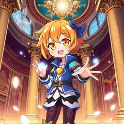 An anime-style illustration of a cute teenage character with vibrant wheat-colored hair and striking yellow eyes