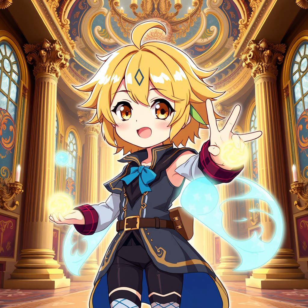 An anime-style illustration of a cute teenage character with vibrant wheat-colored hair and striking yellow eyes