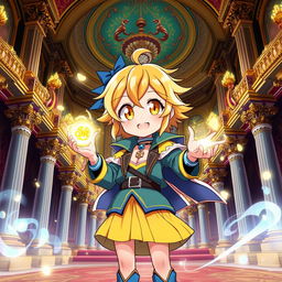 An anime-style illustration of a cute teenage character with vibrant wheat-colored hair and striking yellow eyes