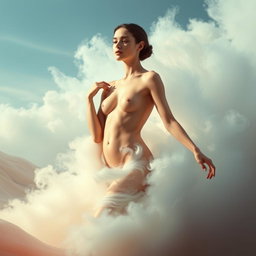 A serene and artistic representation of the human form, showcasing an elegant nude figure posed gracefully amidst a soft, dreamlike landscape