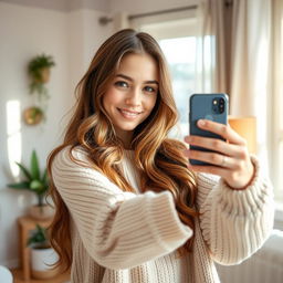 A young woman taking a selfie in her cozy home