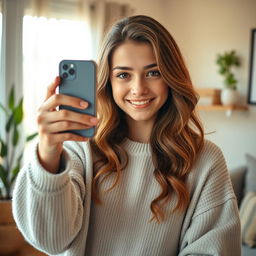 A young woman taking a selfie in her cozy home