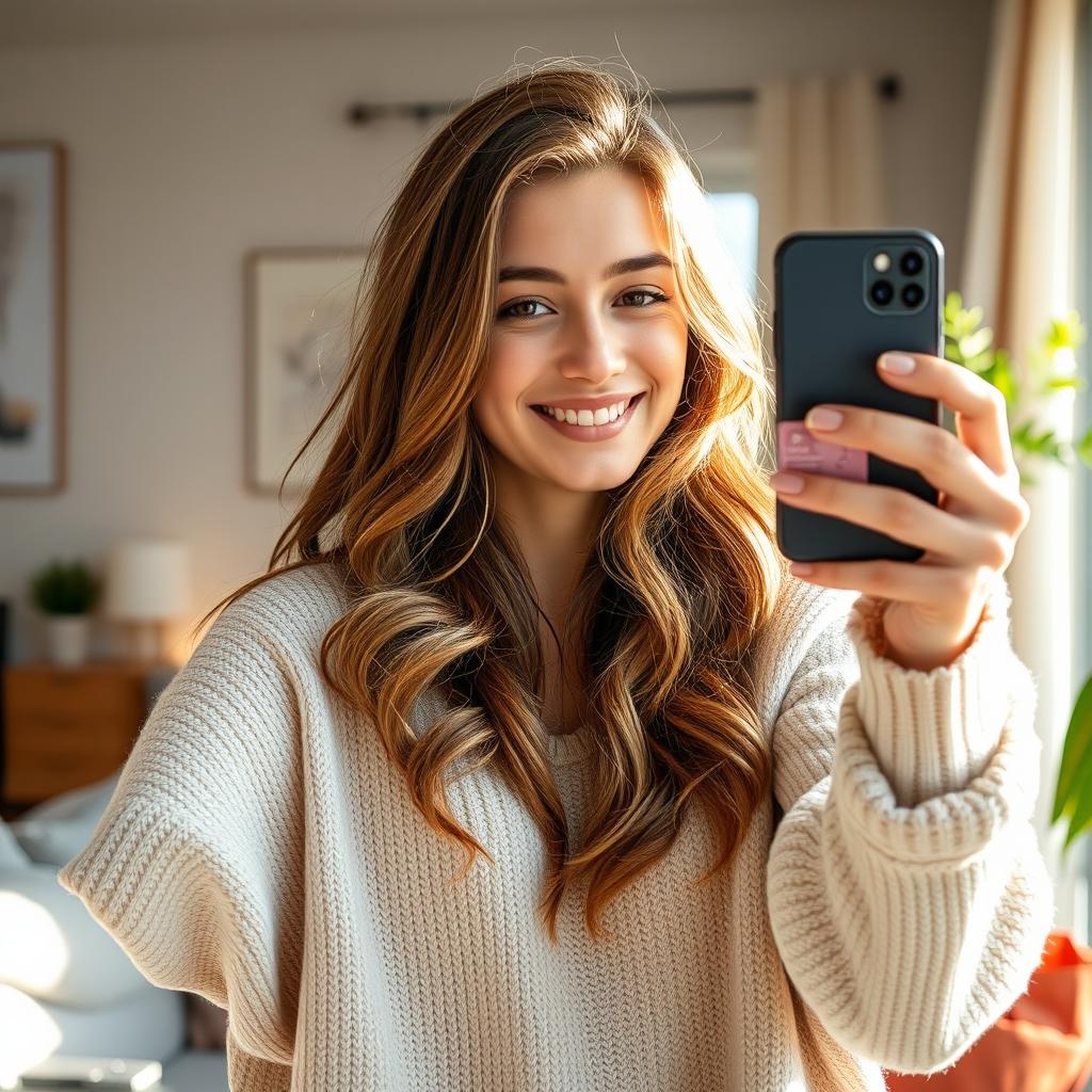 A young woman taking a selfie in her cozy home