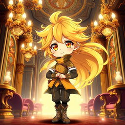 A full-body depiction of a cute anime boy with striking yellow eyes and flowing wheat-colored hair