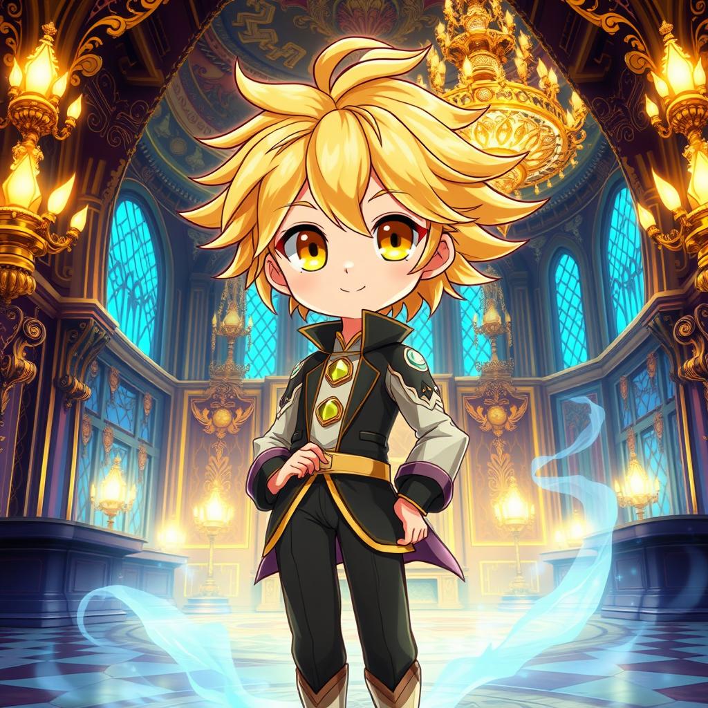 A full-body depiction of a cute anime boy with striking yellow eyes and flowing wheat-colored hair