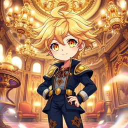 A full-body depiction of a cute anime boy with striking yellow eyes and flowing wheat-colored hair