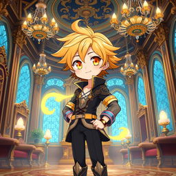 A full-body depiction of a cute anime boy with striking yellow eyes and flowing wheat-colored hair