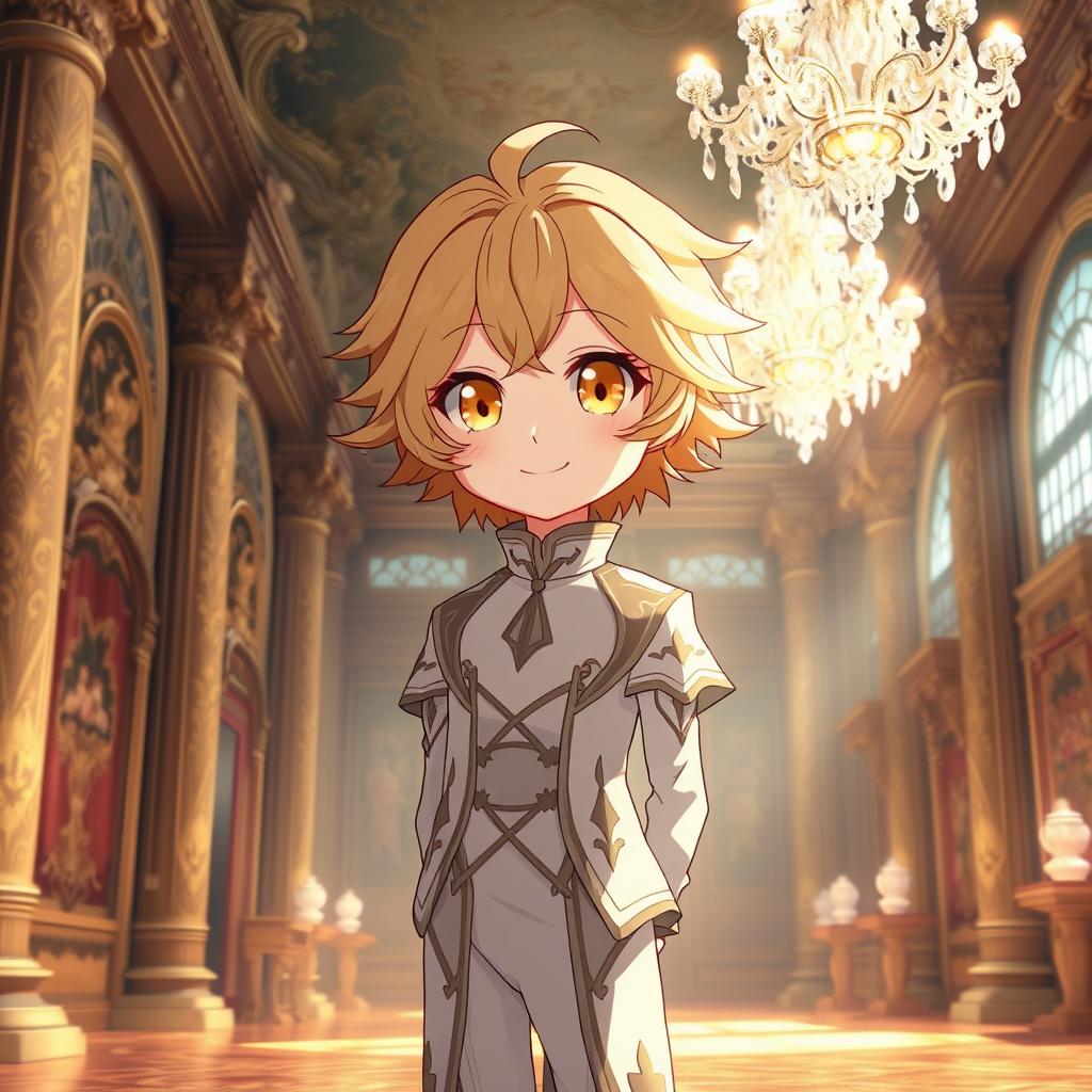 A full-body depiction of a cute anime teenager with captivating yellow eyes and soft wheat-colored hair