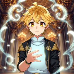 A full-body portrait of a cute anime male teenager with vibrant yellow eyes and soft wheat-colored hair