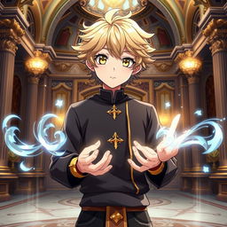 A full-body portrait of a cute anime male teenager with vibrant yellow eyes and soft wheat-colored hair