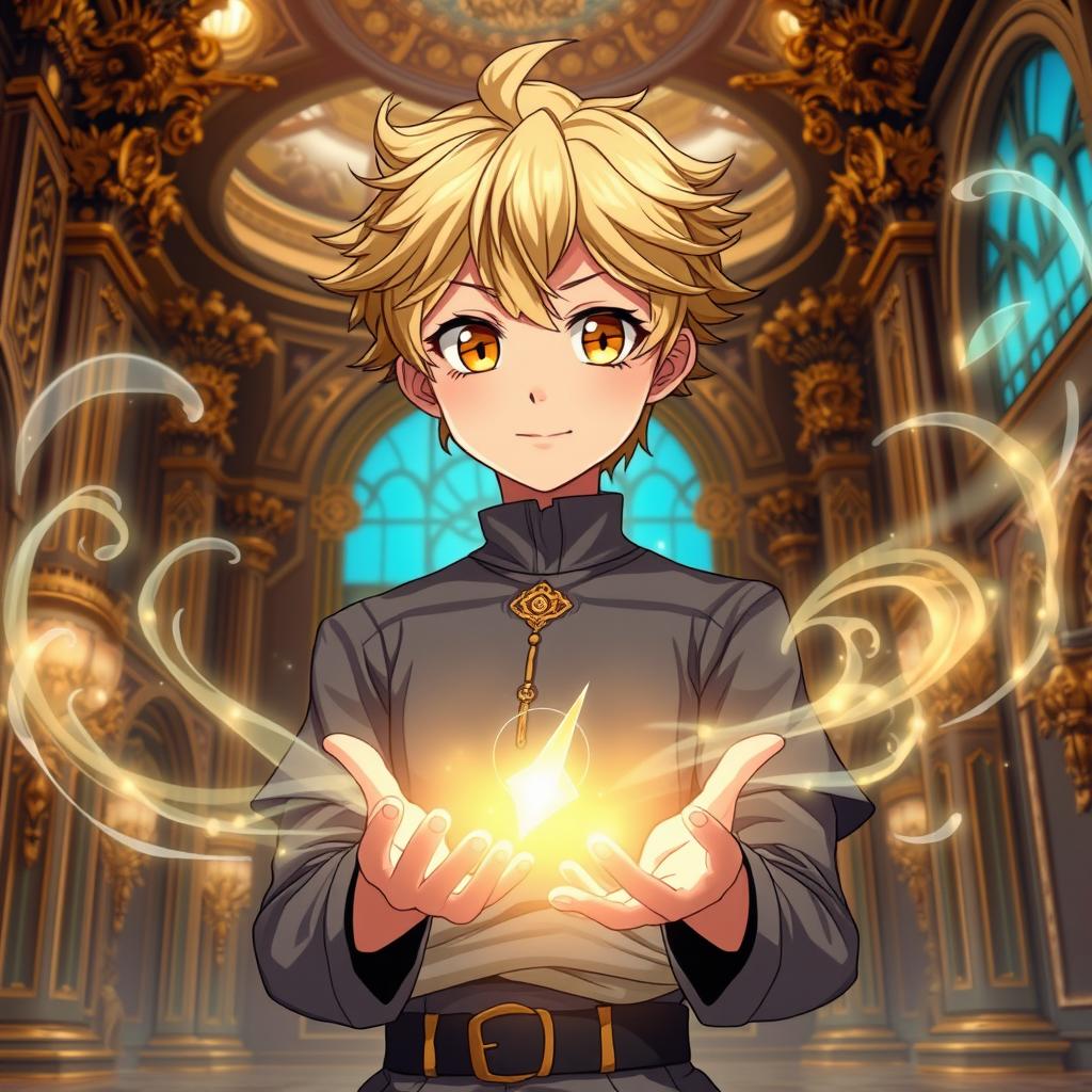 A full-body portrait of a cute anime male teenager with vibrant yellow eyes and soft wheat-colored hair