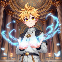 A full-body portrait of a cute anime male teenager with vibrant yellow eyes and soft wheat-colored hair
