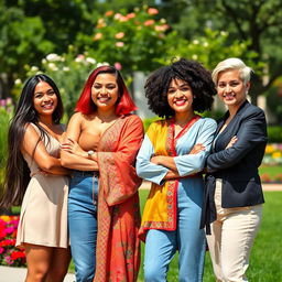 A group of diverse women showcasing various cultures and styles, standing together in a vibrant outdoor setting