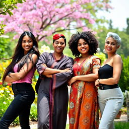 A group of diverse women showcasing various cultures and styles, standing together in a vibrant outdoor setting