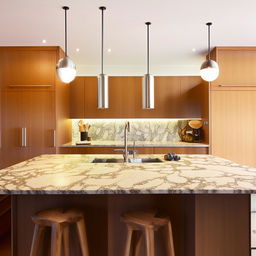 Modern kitchen with polished granite countertops, stainless steel appliances, and sleek wooden cabinets, illuminated by warm pendant lighting.