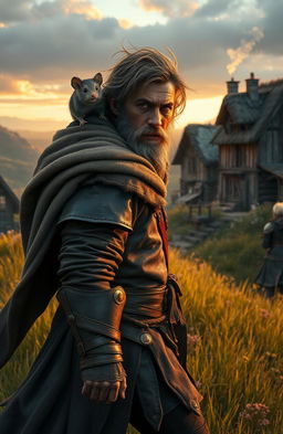 A rugged rogue adventurer walking down a grassy hill towards a small wooden town in the distance