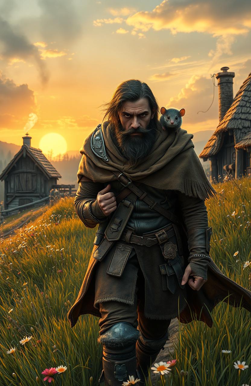 A rugged rogue adventurer walking down a grassy hill towards a small wooden town in the distance