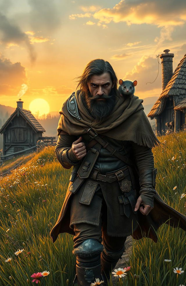 A rugged rogue adventurer walking down a grassy hill towards a small wooden town in the distance