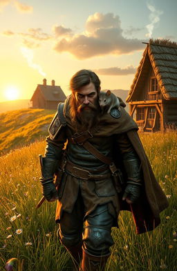 A rugged rogue adventurer walking down a grassy hill towards a small wooden town in the distance