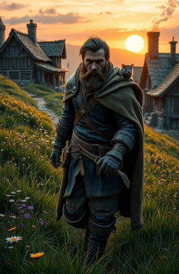 A rugged rogue adventurer walking down a grassy hill towards a small wooden town in the distance