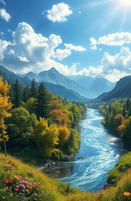 A stunning digital painting depicting a serene river meandering through a lush, vibrant nature landscape
