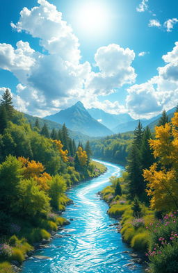 A stunning digital painting depicting a serene river meandering through a lush, vibrant nature landscape
