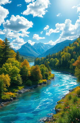 A stunning digital painting depicting a serene river meandering through a lush, vibrant nature landscape