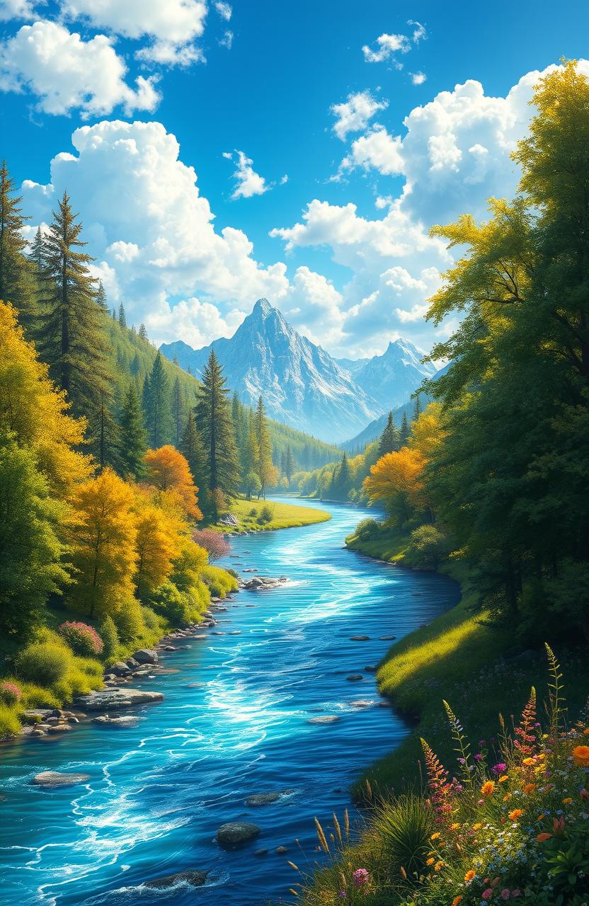 A stunning digital painting depicting a serene river meandering through a lush, vibrant nature landscape