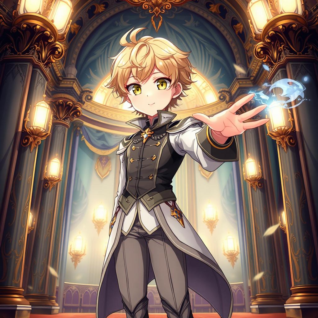 A full-body illustration of an anime male teenager with short wheat-colored hair and vibrant yellow eyes