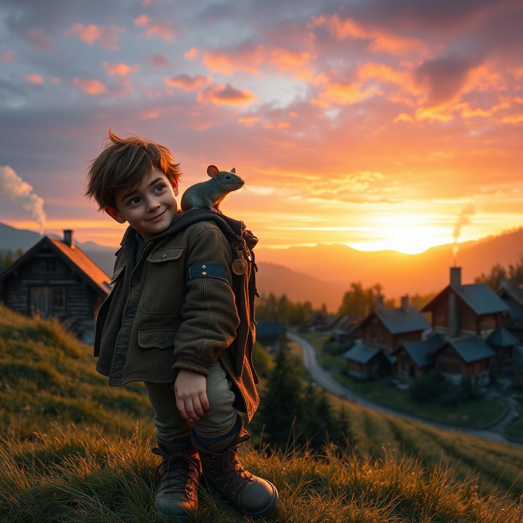A young rugged adventurer with tousled hair and a charming smile, wearing a weathered leather jacket and sturdy hiking boots, stands on a grassy hill