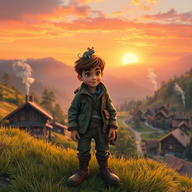 A young rugged adventurer with tousled hair and a charming smile, wearing a weathered leather jacket and sturdy hiking boots, stands on a grassy hill