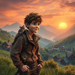 A young rugged adventurer with tousled hair and a charming smile, wearing a weathered leather jacket and sturdy hiking boots, stands on a grassy hill