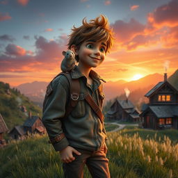 A young rugged adventurer with tousled hair and a charming smile, wearing a weathered leather jacket and sturdy hiking boots, stands on a grassy hill