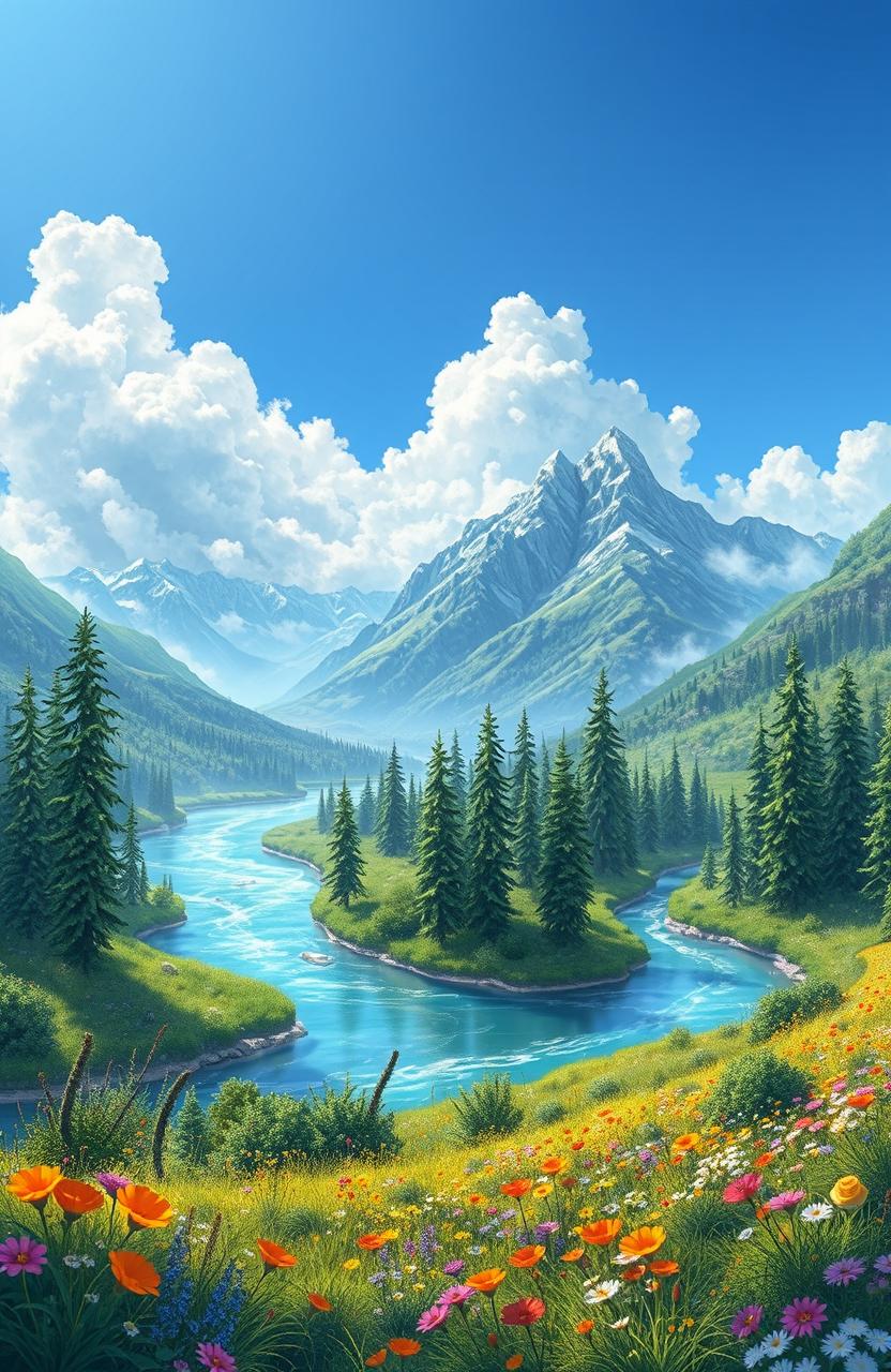A breathtaking digital painting of a serene river winding through a lush, vibrant landscape