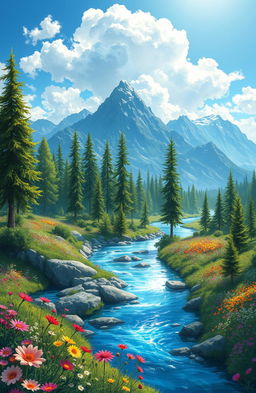 A breathtaking digital painting of a serene river winding through a lush, vibrant landscape